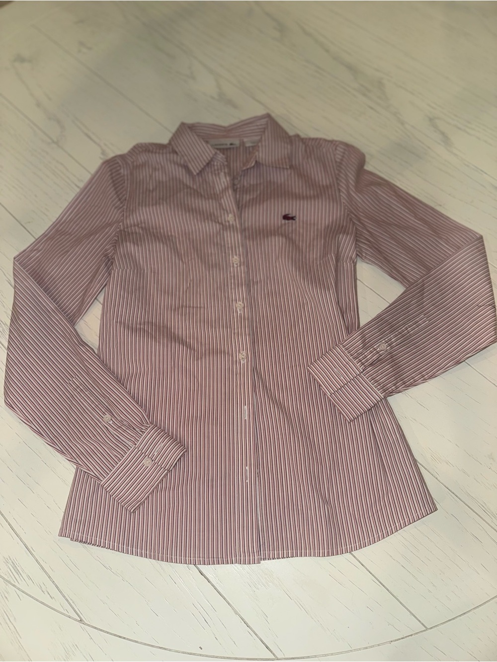 Lacoste Women's Pink and White Striped Button-Down Shirt